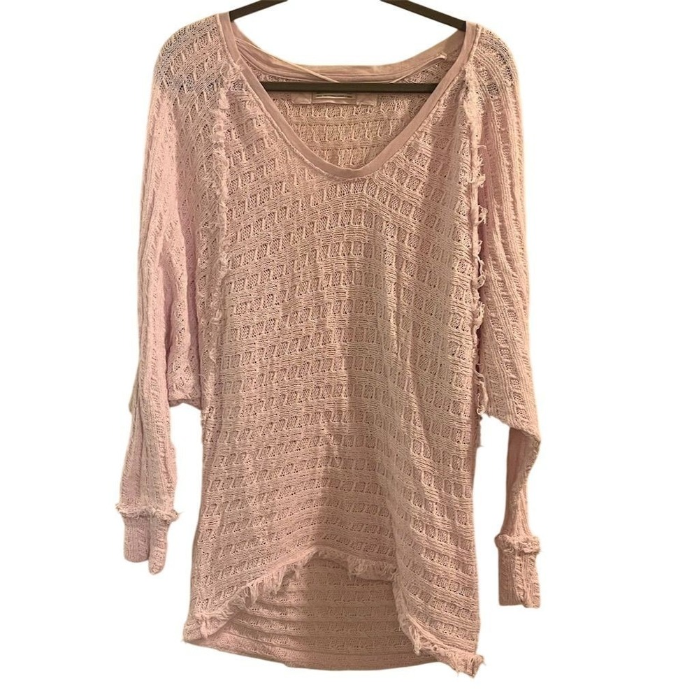 We The Free Women's Pink Oversized Fringe V-Neck Sweater Size S Boho Pastel Soft